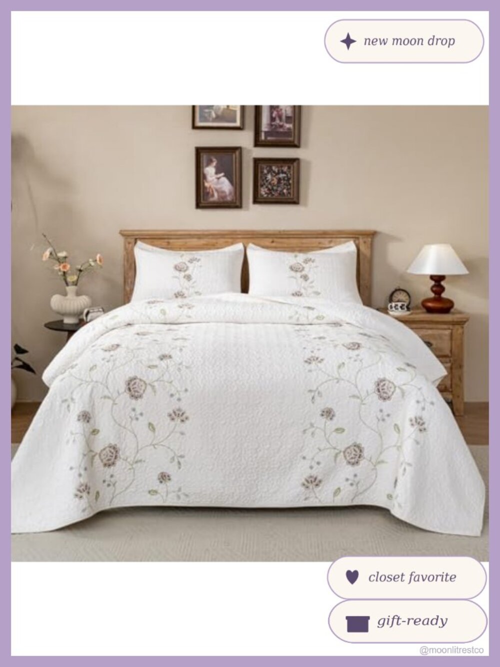 Embroidered 100% Cotton Quilt Set 3-Piece Prewashed Queen Floral Bedding